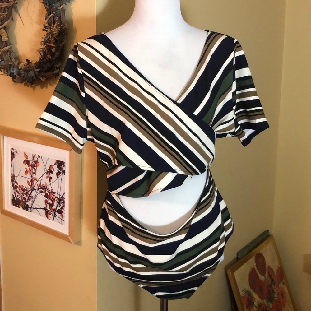 ASOPH Size 3X Peek-A-Boo Striped Wrap V-Neck Bodysuit Subdued Colors $48 NEW